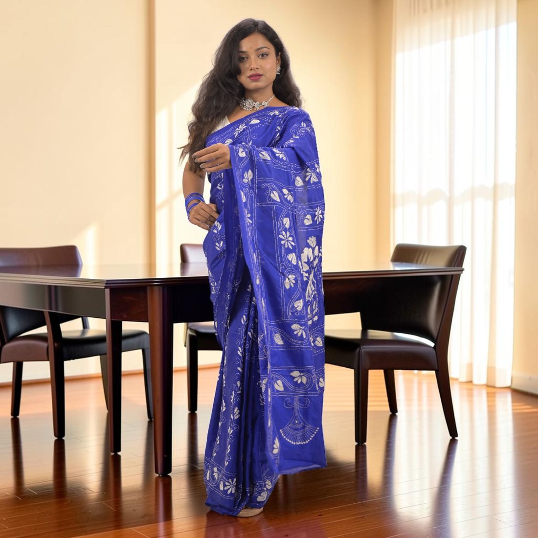 Neelisha Royale Katha Stitch Bangalore Silk Saree - Handcrafted Indian Art (View 3) | Art Angan