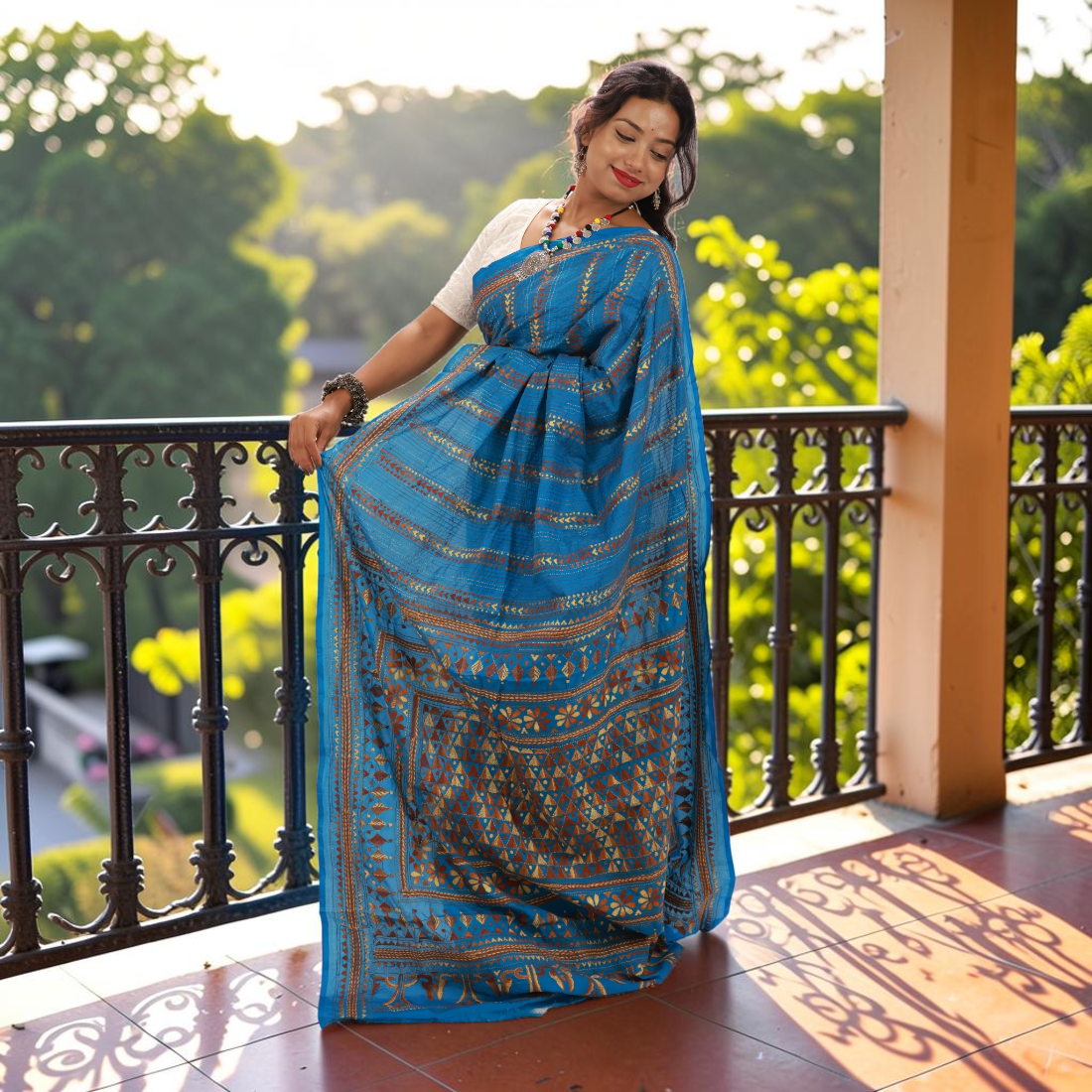 Aakanshi Celeste Kantha Art Silk Saree - Authentic Handcrafted Saree | Art Angan