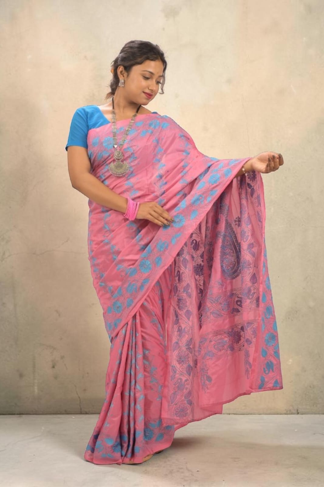 Anvika Grace Katha Stitch Bangalore Silk Saree - Authentic Handcrafted Saree | Art Angan