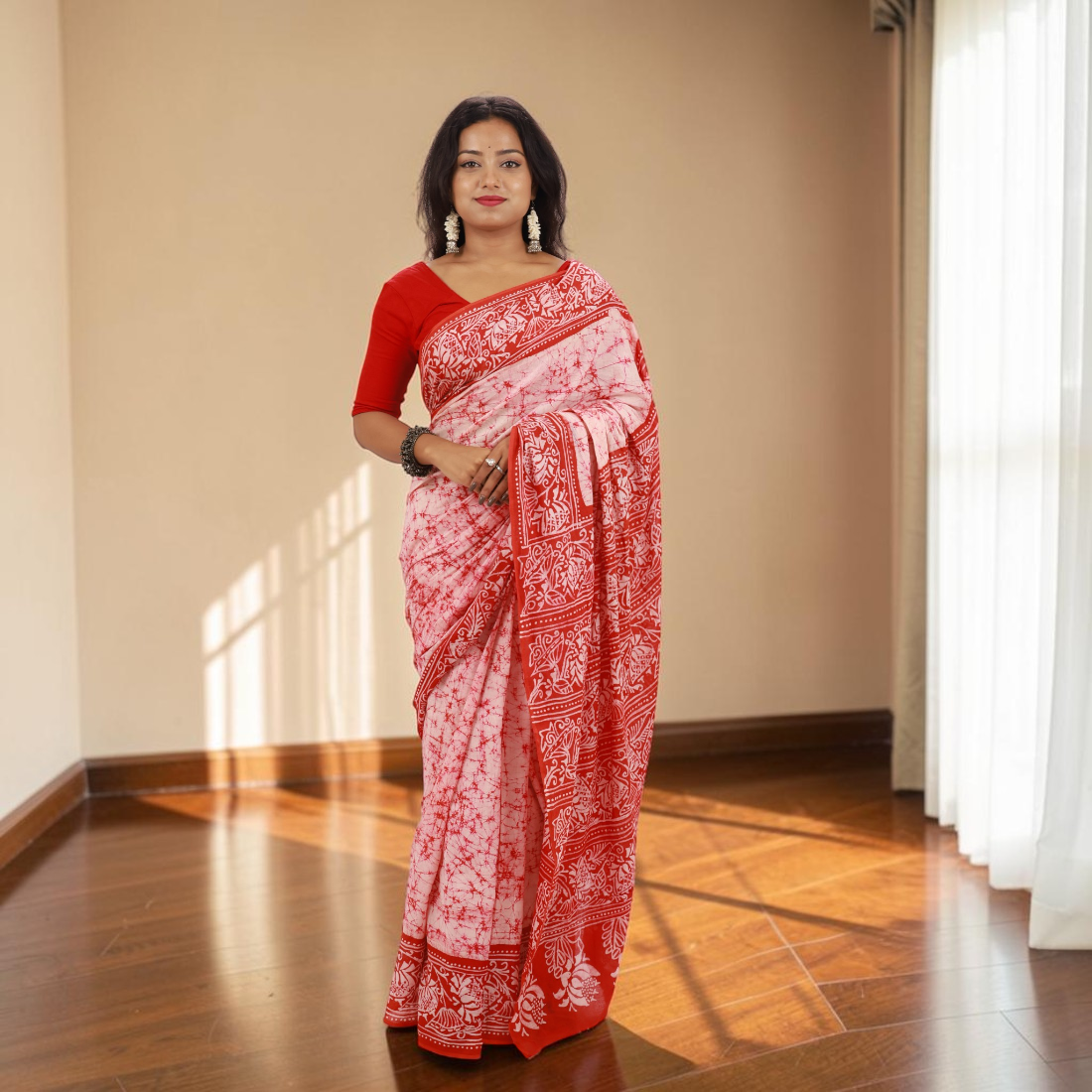 Raktika Royale Pure Hand Batik Cotton Saree - Handcrafted Indian Art (View 2) | Art Angan