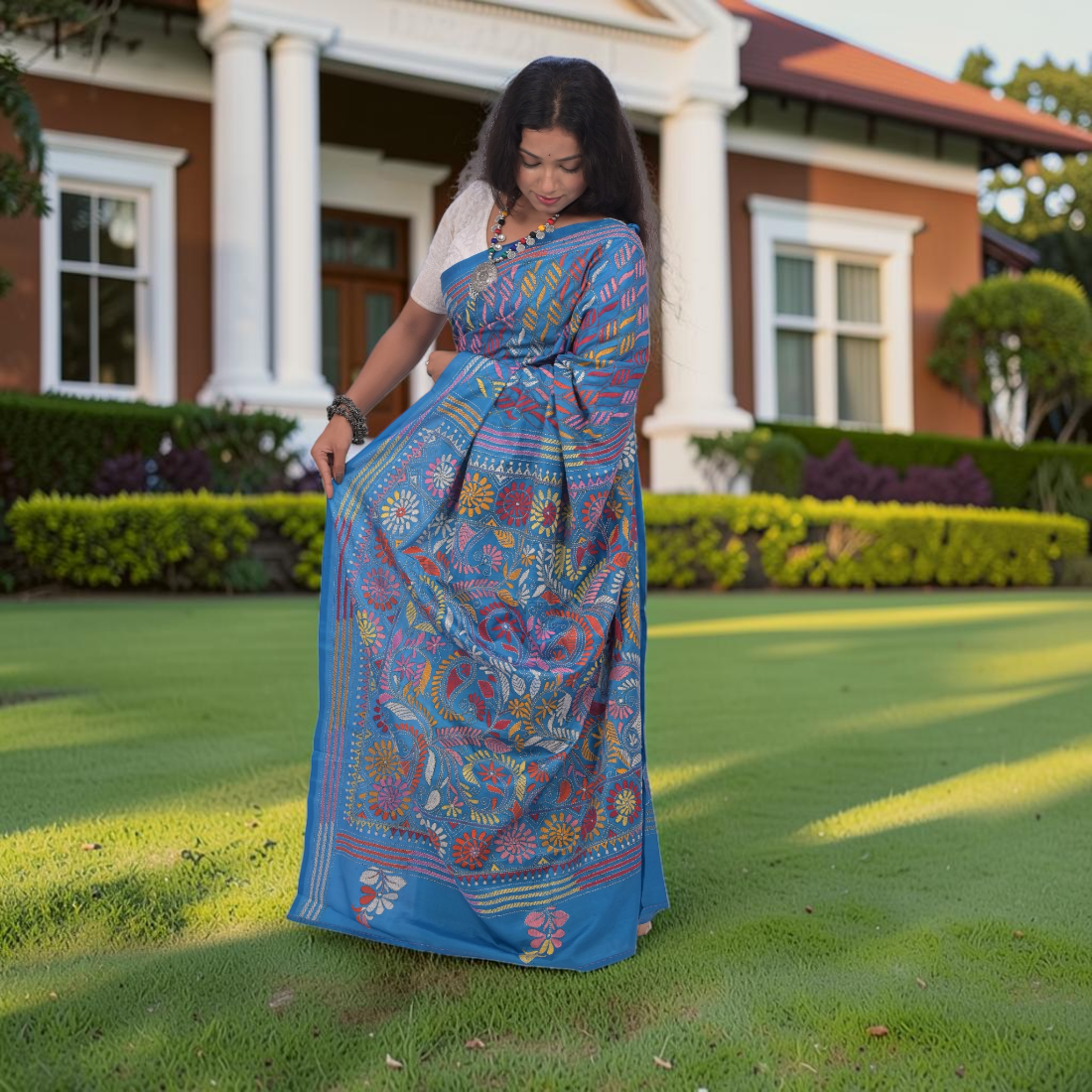 Aarunya Serenity Katha Stitch Bangalore Silk Saree - Handcrafted Indian Art (View 3) | Art Angan
