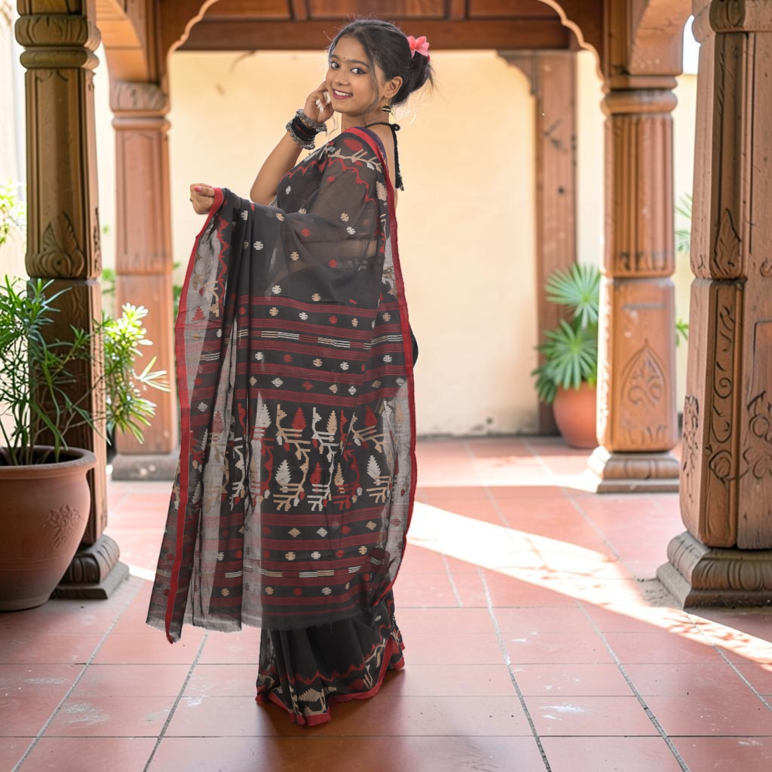 Nishika Noir Soft Jamdani Saree - Handcrafted Indian Art (View 4) | Art Angan