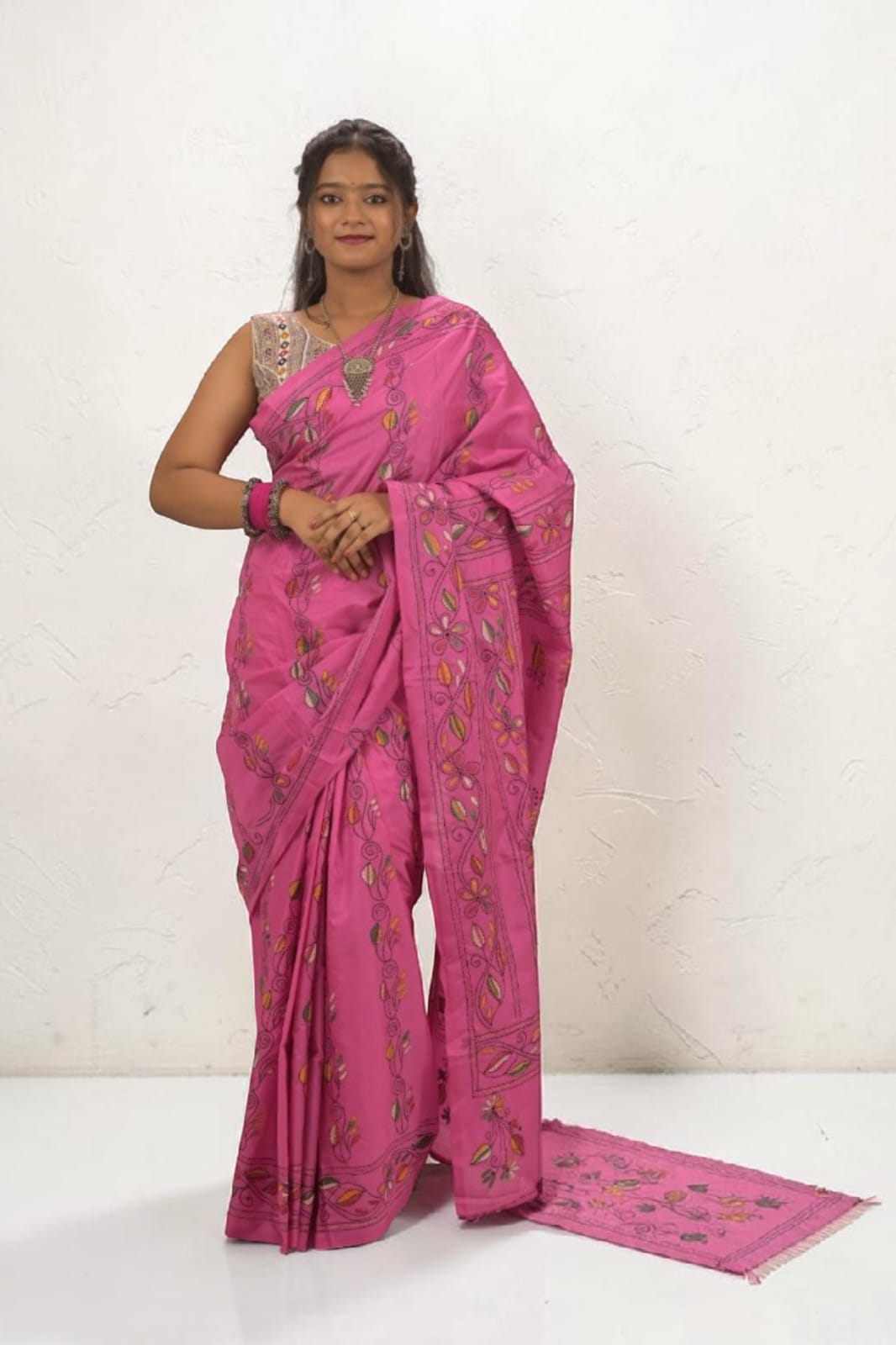Roshika Bloom Katha Stitch Bangalore Silk Saree - Handcrafted Indian Art (View 3) | Art Angan