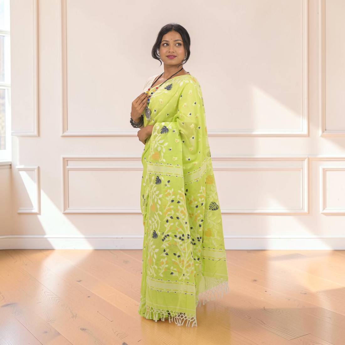 Haritika Bloom Khadi Jamdani Saree - Authentic Handcrafted Saree | Art Angan