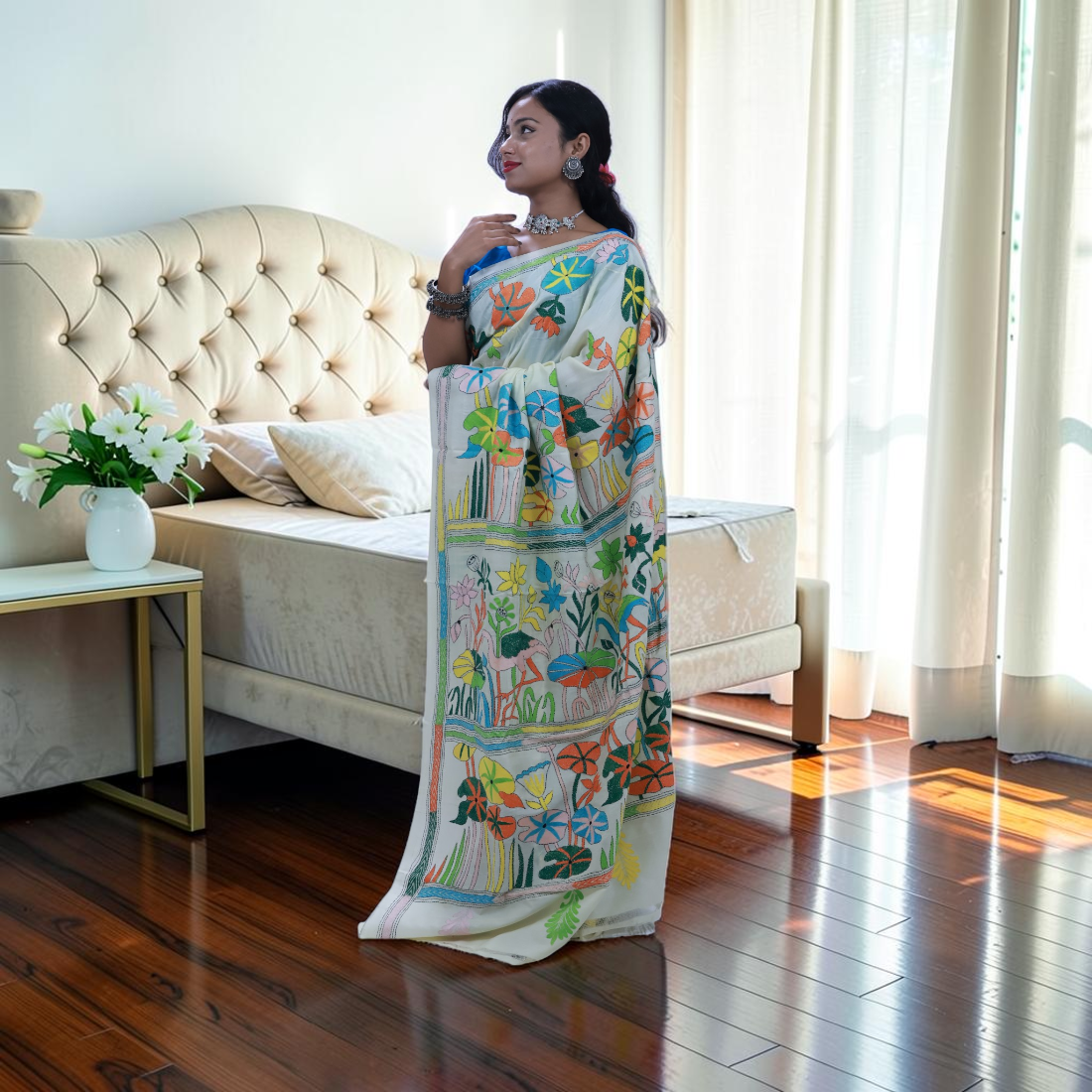 Royale Tasar Katha Silk Saree - Handcrafted Indian Art (View 2) | Art Angan