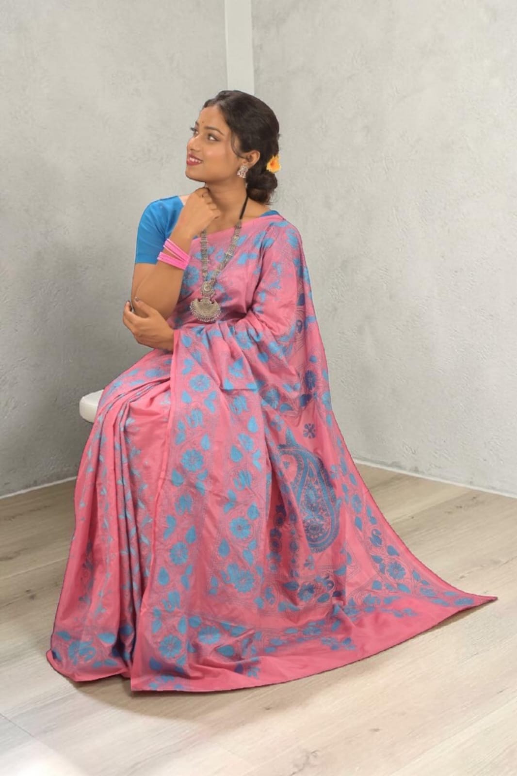 Anvika Grace Katha Stitch Bangalore Silk Saree - Handcrafted Indian Art (View 6) | Art Angan