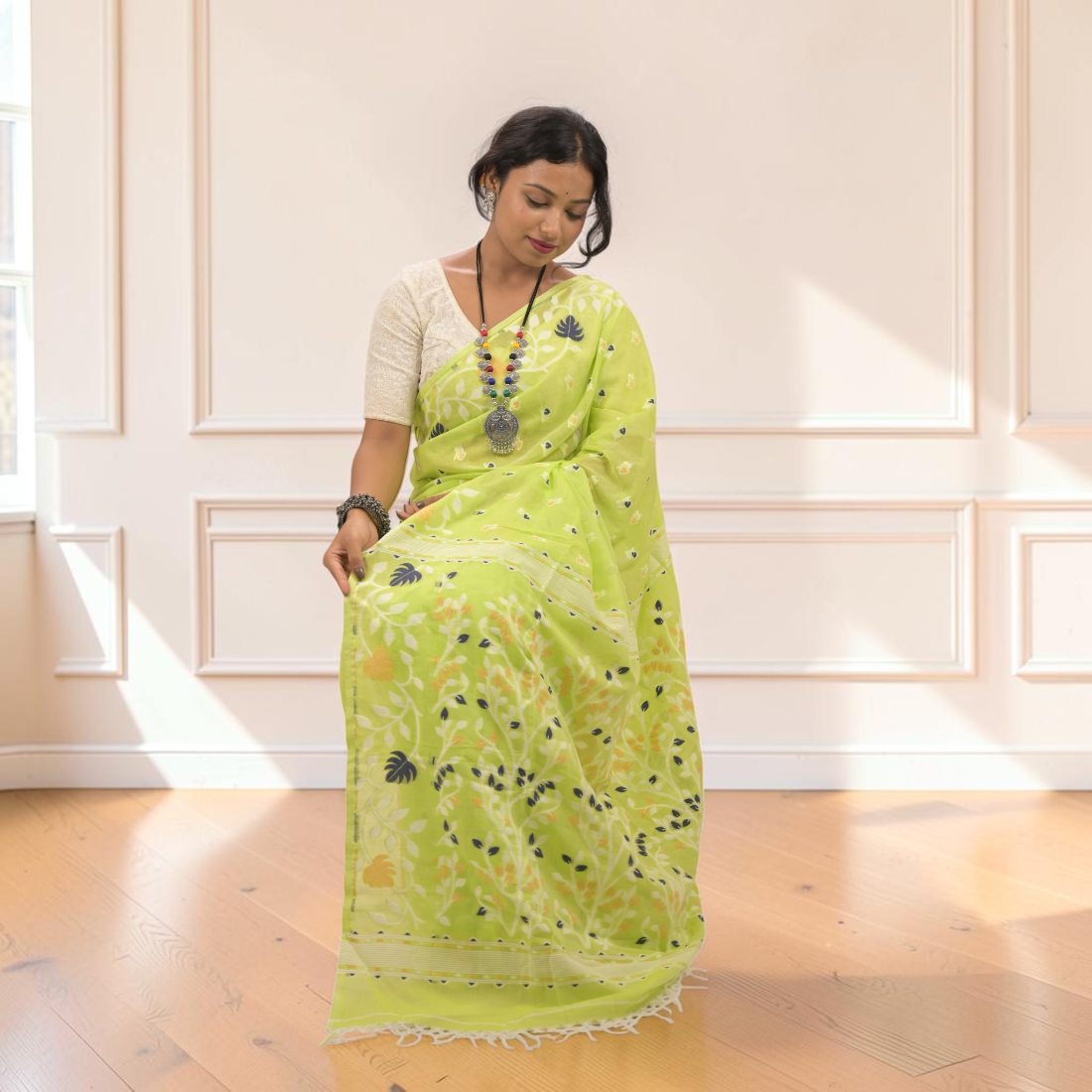 Haritika Bloom Khadi Jamdani Saree - Handcrafted Indian Art (View 6) | Art Angan