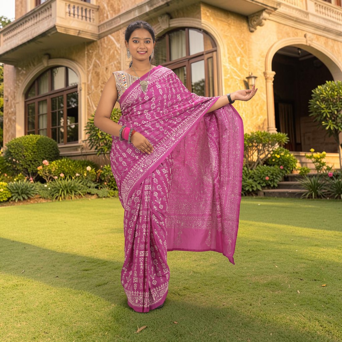Rajanika Royale Madhubani Bangalore Silk Saree - Handcrafted Indian Art (View 2) | Art Angan
