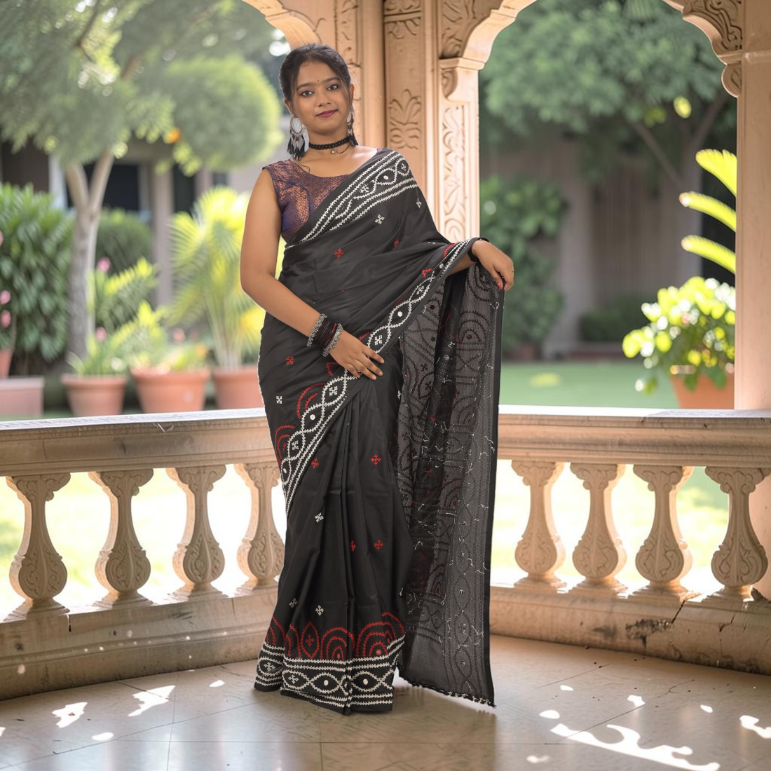 Nishika Royal Gujarati Stitch Bangalore Silk Saree - Handcrafted Indian Art (View 3) | Art Angan