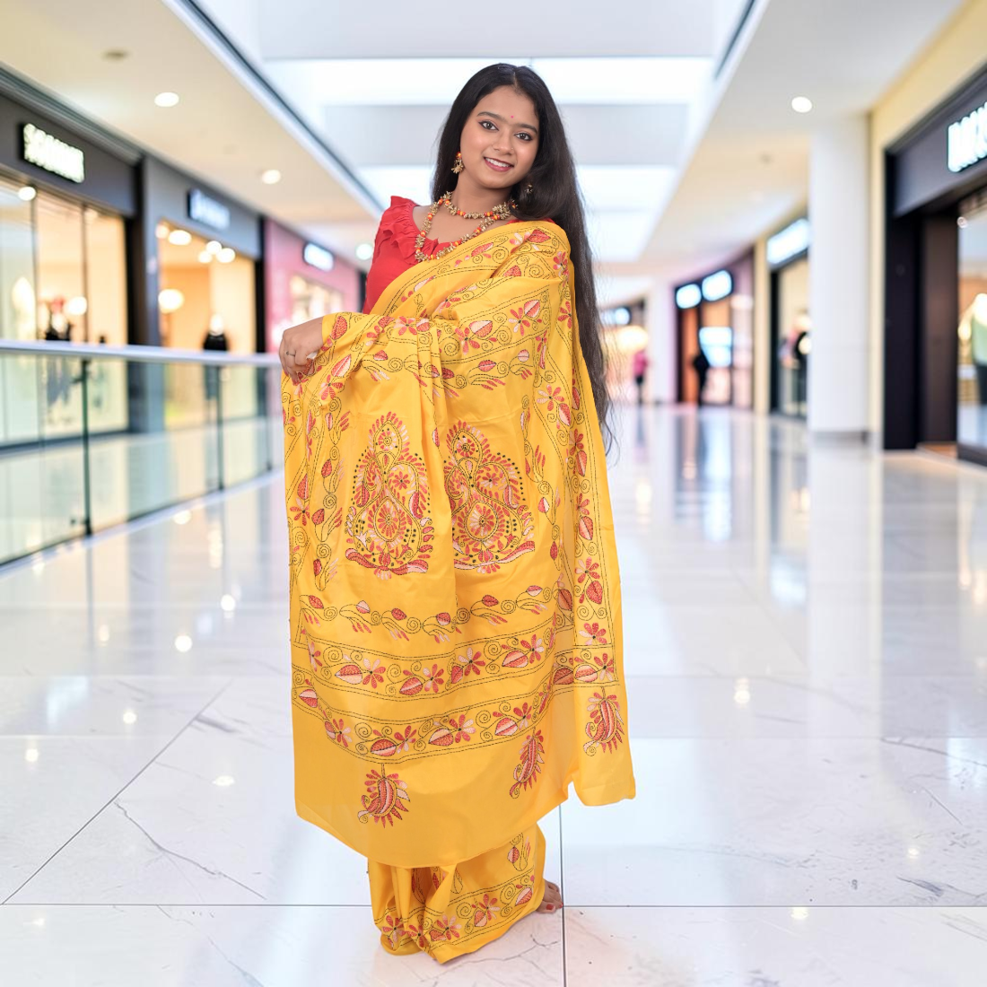 Kanakshi Elegance Katha Stitch Bangalore Silk Saree - Handcrafted Indian Art (View 6) | Art Angan