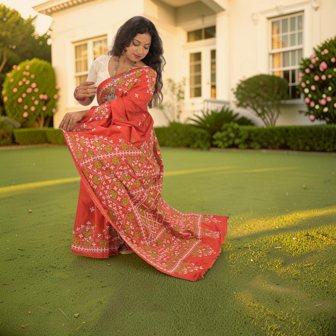 Koralia Gujarati Stitch Bangalore Silk Saree - Handcrafted Indian Art (View 6) | Art Angan