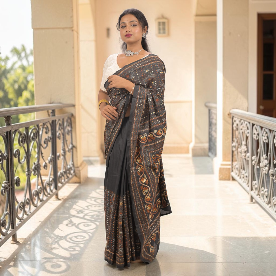 Nishika Noir Kantha Art Silk Saree - Handcrafted Indian Art (View 2) | Art Angan