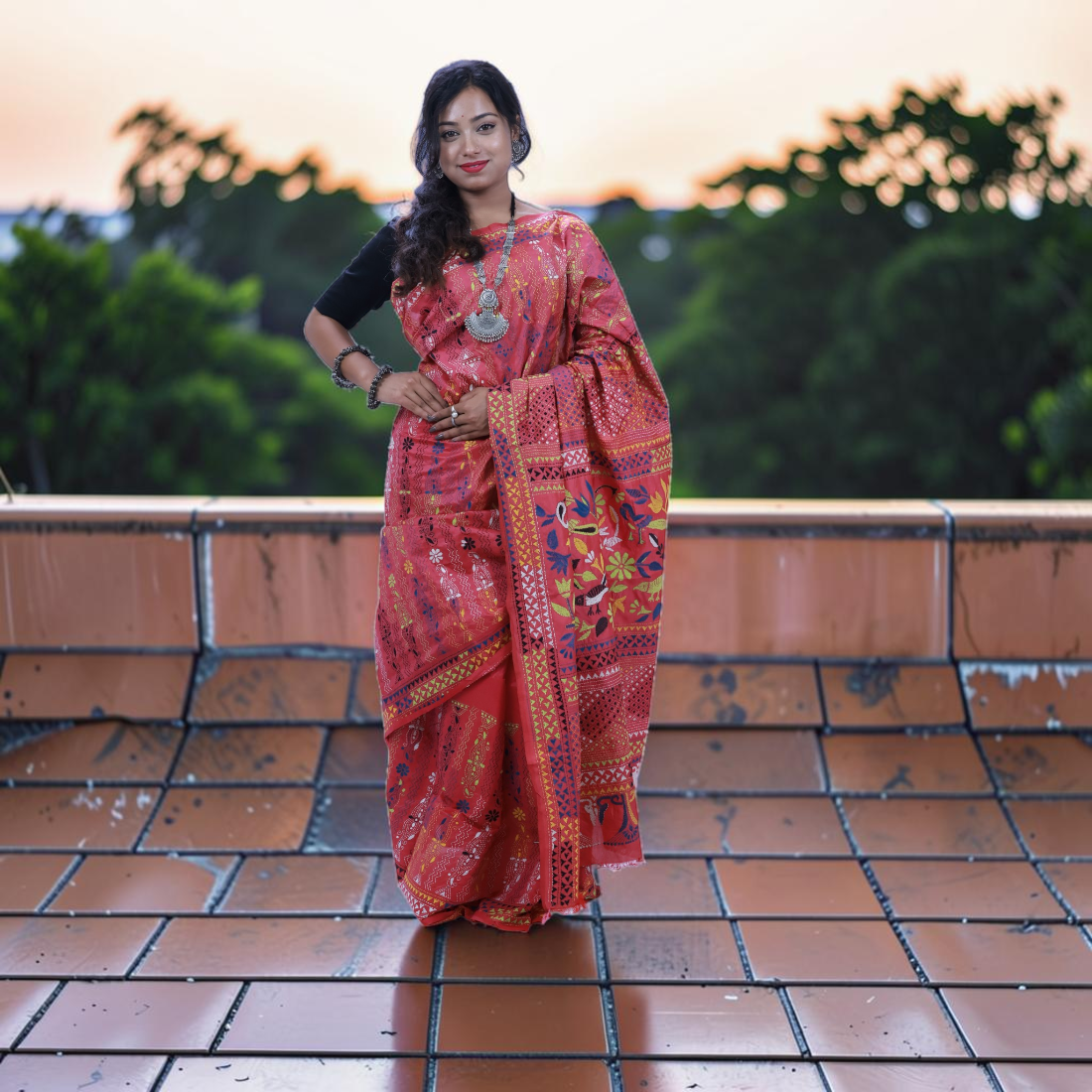 Raktima Radiance Kantha Art Silk Saree - Handcrafted Indian Art (View 4) | Art Angan