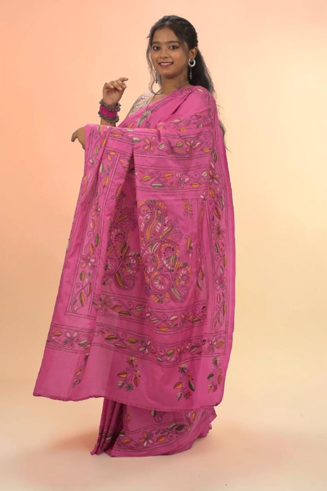 Roshika Bloom Katha Stitch Bangalore Silk Saree - Handcrafted Indian Art (View 5) | Art Angan