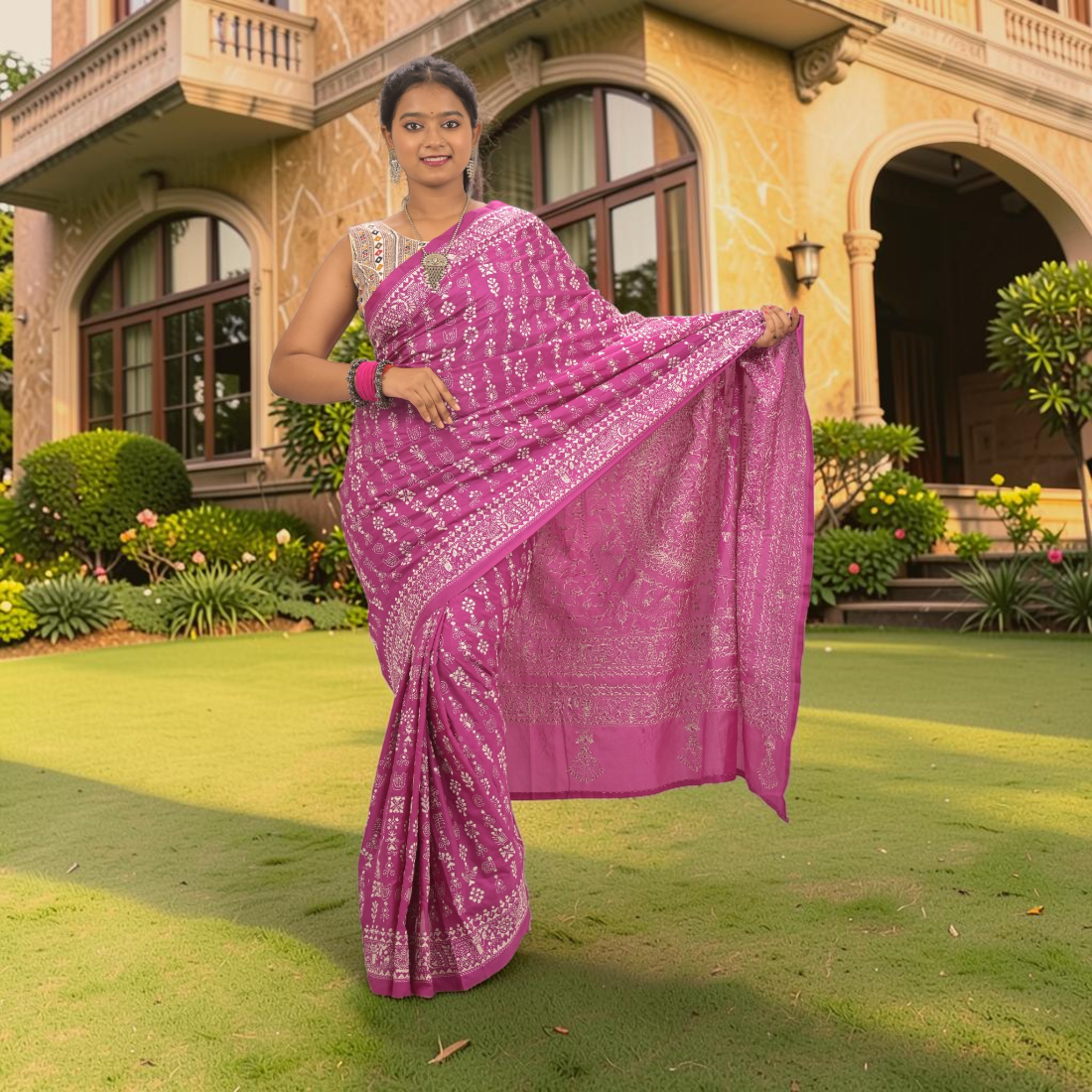 Rajanika Royale Madhubani Bangalore Silk Saree - Handcrafted Indian Art (View 7) | Art Angan