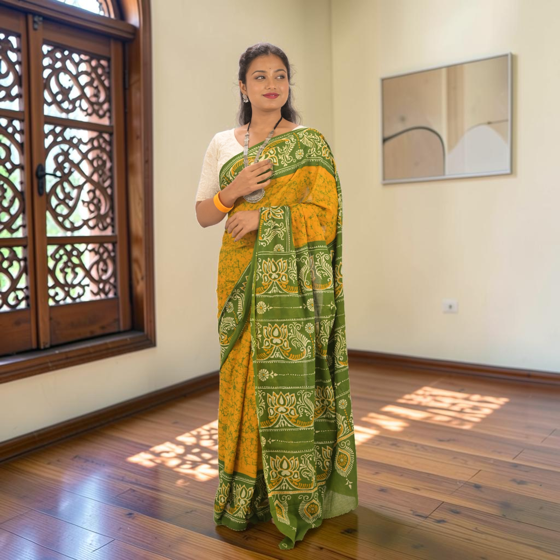 Haritika Bloom Pure Hand Batik Cotton Saree - Handcrafted Indian Art (View 3) | Art Angan