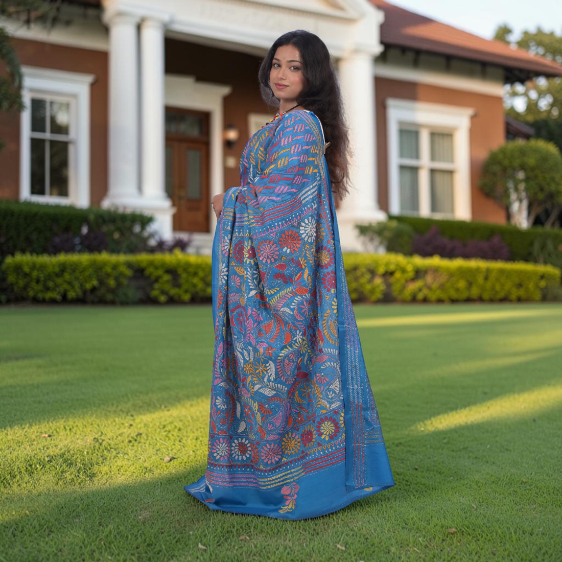 Aarunya Serenity Katha Stitch Bangalore Silk Saree - Handcrafted Indian Art (View 2) | Art Angan