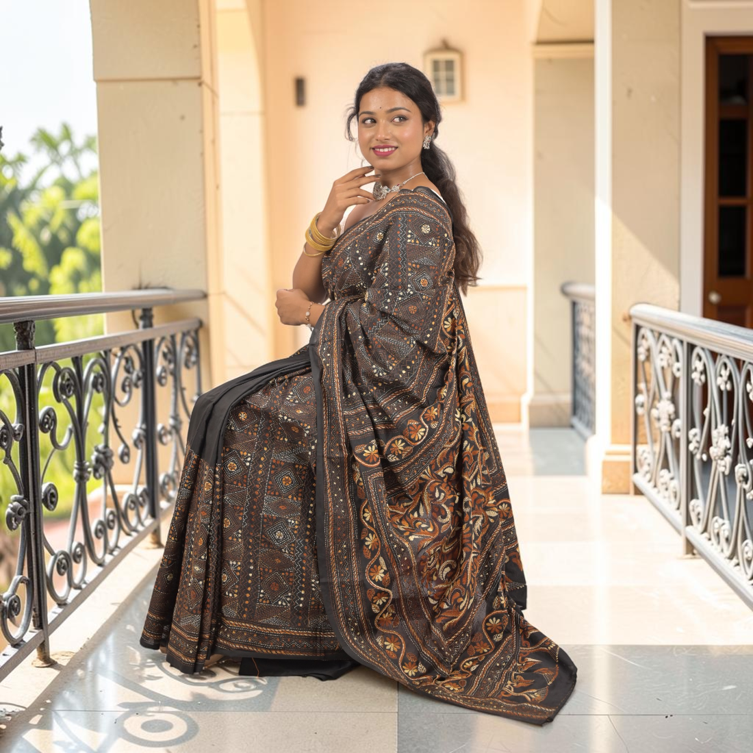 Nishika Noir Kantha Art Silk Saree - Authentic Handcrafted Saree | Art Angan