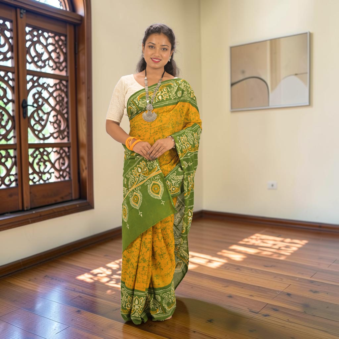 Haritika Bloom Pure Hand Batik Cotton Saree - Handcrafted Indian Art (View 5) | Art Angan