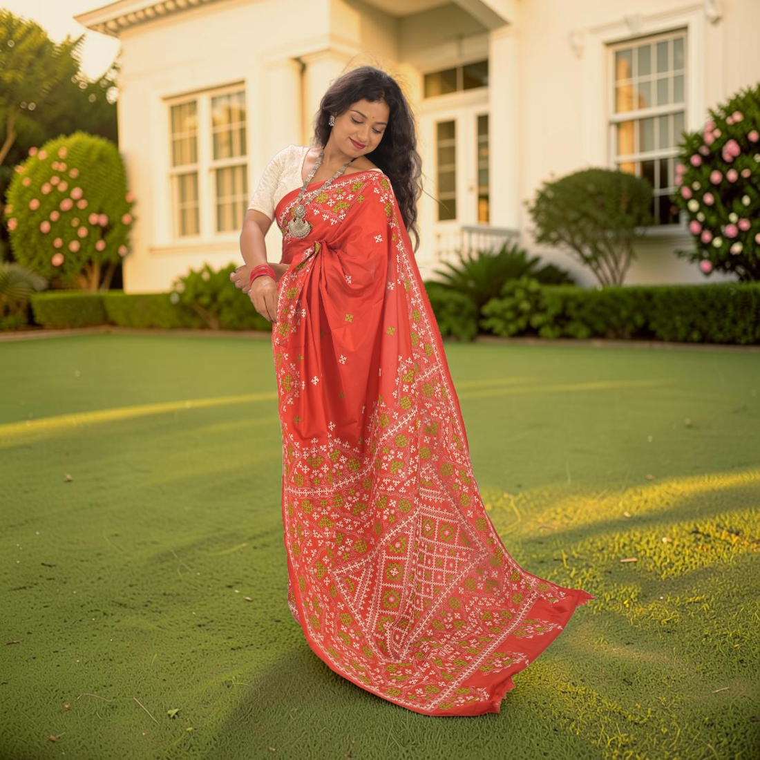 Koralia Gujarati Stitch Bangalore Silk Saree - Handcrafted Indian Art (View 5) | Art Angan