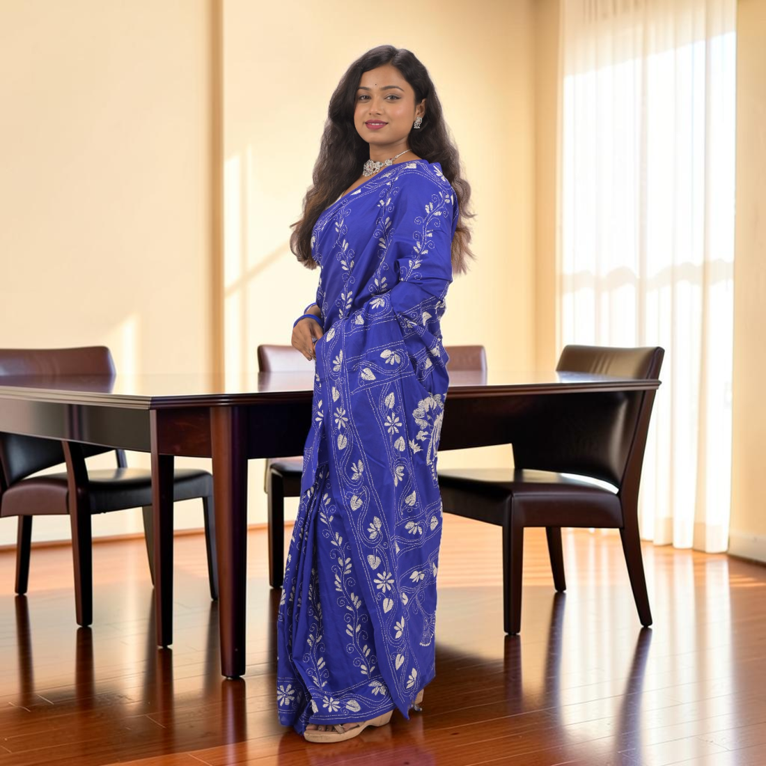 Neelisha Royale Katha Stitch Bangalore Silk Saree - Handcrafted Indian Art (View 4) | Art Angan