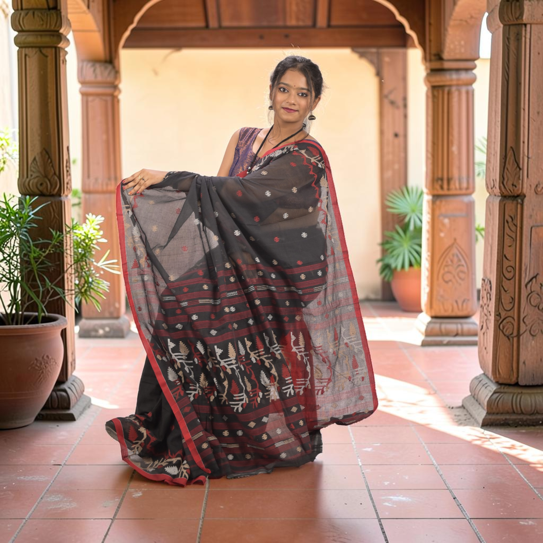 Nishika Noir Soft Jamdani Saree - Handcrafted Indian Art (View 6) | Art Angan