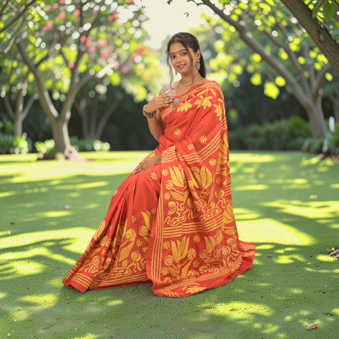Rudrima Opulence Katha Stitch Bangalore Silk Saree - Handcrafted Indian Art (View 5) | Art Angan