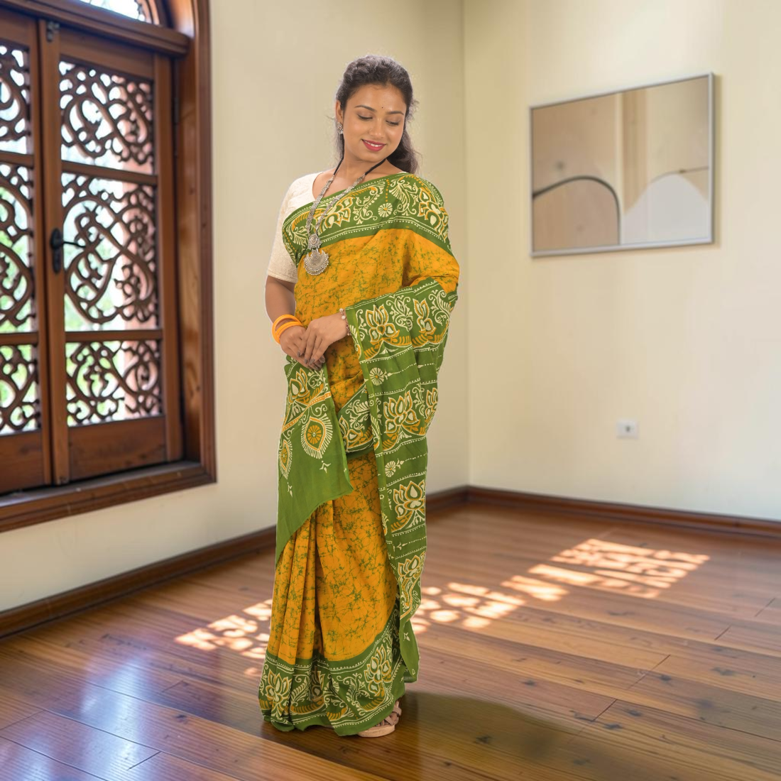 Haritika Bloom Pure Hand Batik Cotton Saree - Handcrafted Indian Art (View 6) | Art Angan