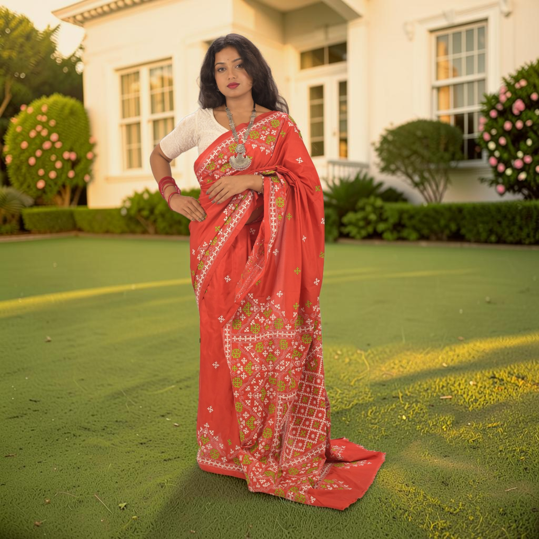 Koralia Gujarati Stitch Bangalore Silk Saree - Handcrafted Indian Art (View 3) | Art Angan