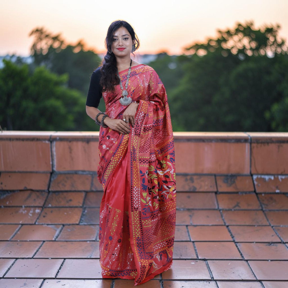 Raktima Radiance Kantha Art Silk Saree - Authentic Handcrafted Saree | Art Angan