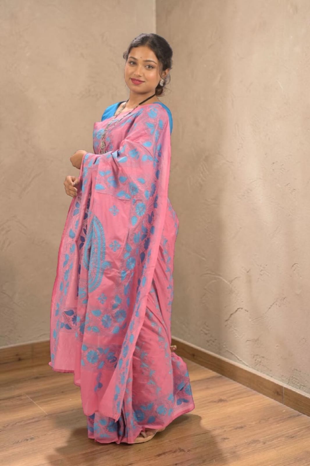 Anvika Grace Katha Stitch Bangalore Silk Saree - Handcrafted Indian Art (View 5) | Art Angan
