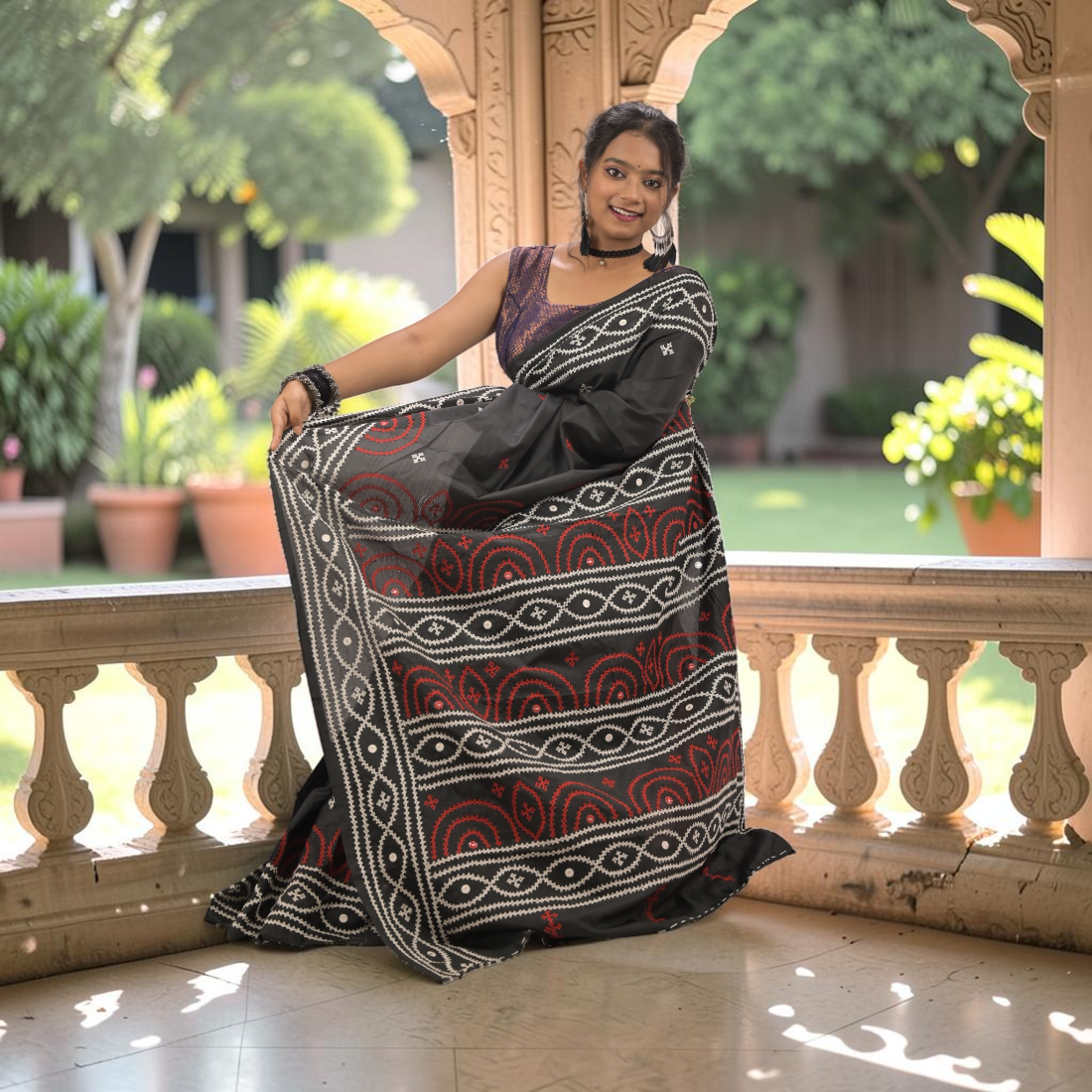 Nishika Royal Gujarati Stitch Bangalore Silk Saree - Handcrafted Indian Art (View 6) | Art Angan