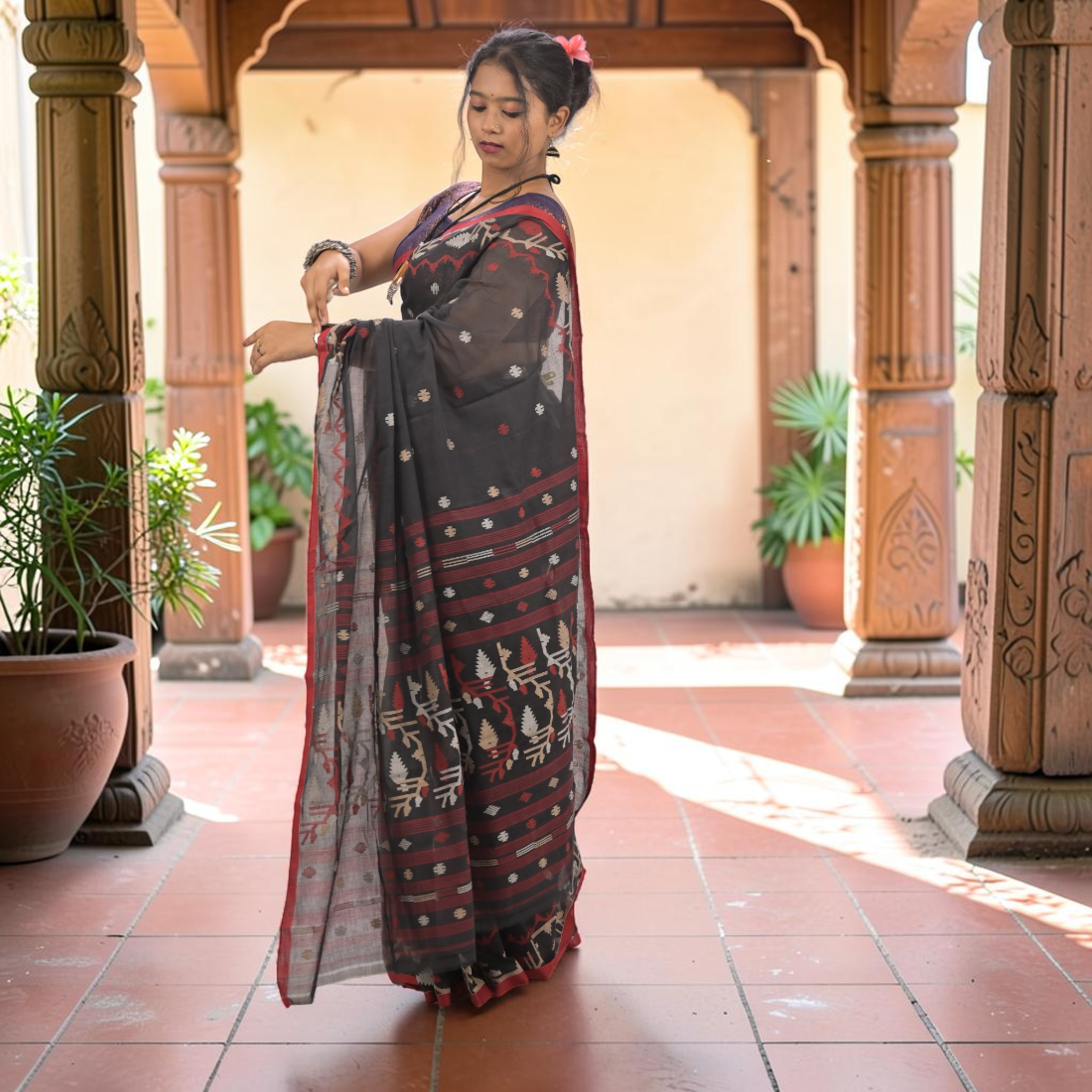 Nishika Noir Soft Jamdani Saree - Handcrafted Indian Art (View 5) | Art Angan