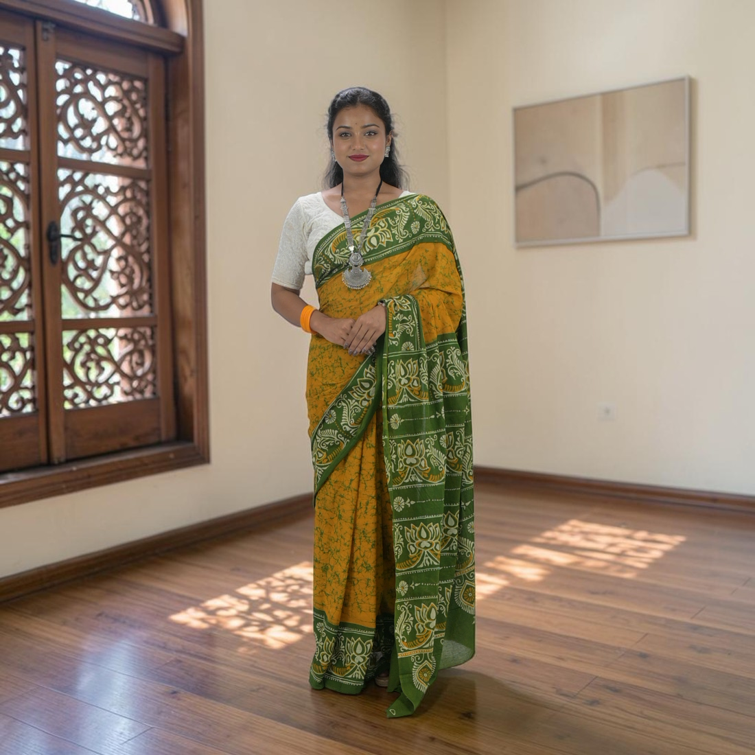 Haritika Bloom Pure Hand Batik Cotton Saree - Handcrafted Indian Art (View 2) | Art Angan