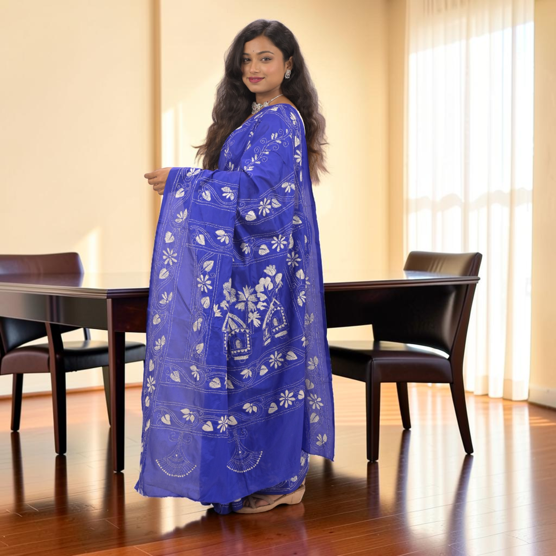 Neelisha Royale Katha Stitch Bangalore Silk Saree - Handcrafted Indian Art (View 2) | Art Angan