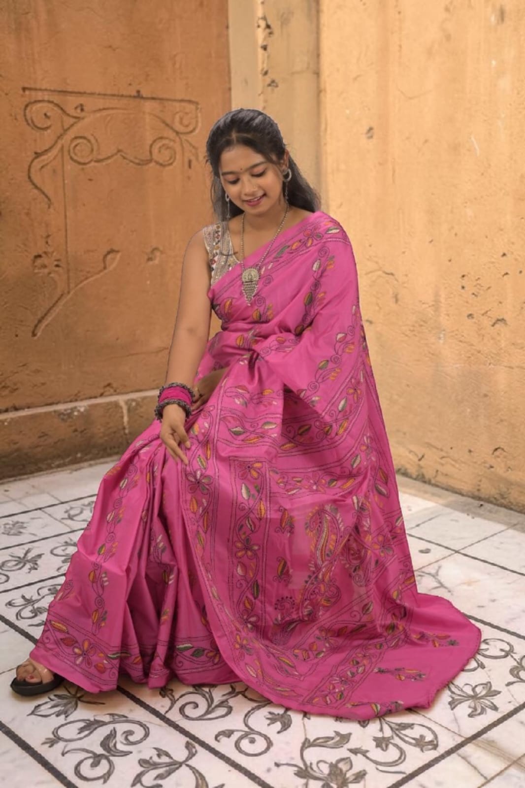 Roshika Bloom Katha Stitch Bangalore Silk Saree - Authentic Handcrafted Saree | Art Angan