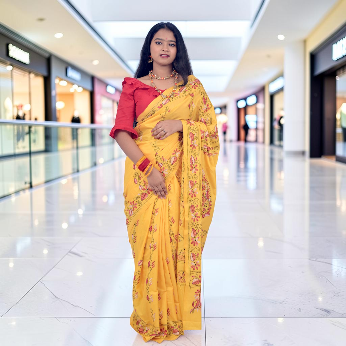 Kanakshi Elegance Katha Stitch Bangalore Silk Saree - Handcrafted Indian Art (View 2) | Art Angan