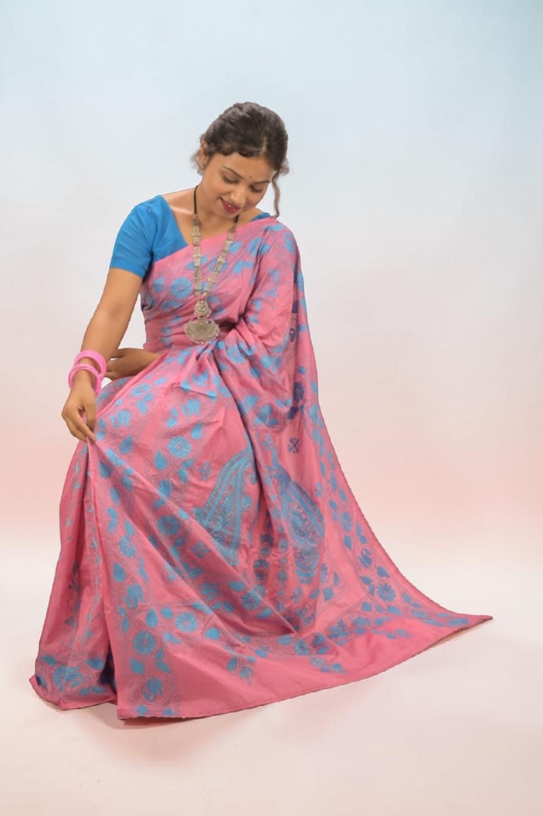 Anvika Grace Katha Stitch Bangalore Silk Saree - Handcrafted Indian Art (View 7) | Art Angan