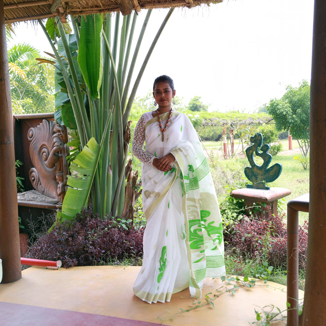 Shubhra Kalka Handwoven Handloom Saree - Handcrafted Indian Art (View 2) | Art Angan