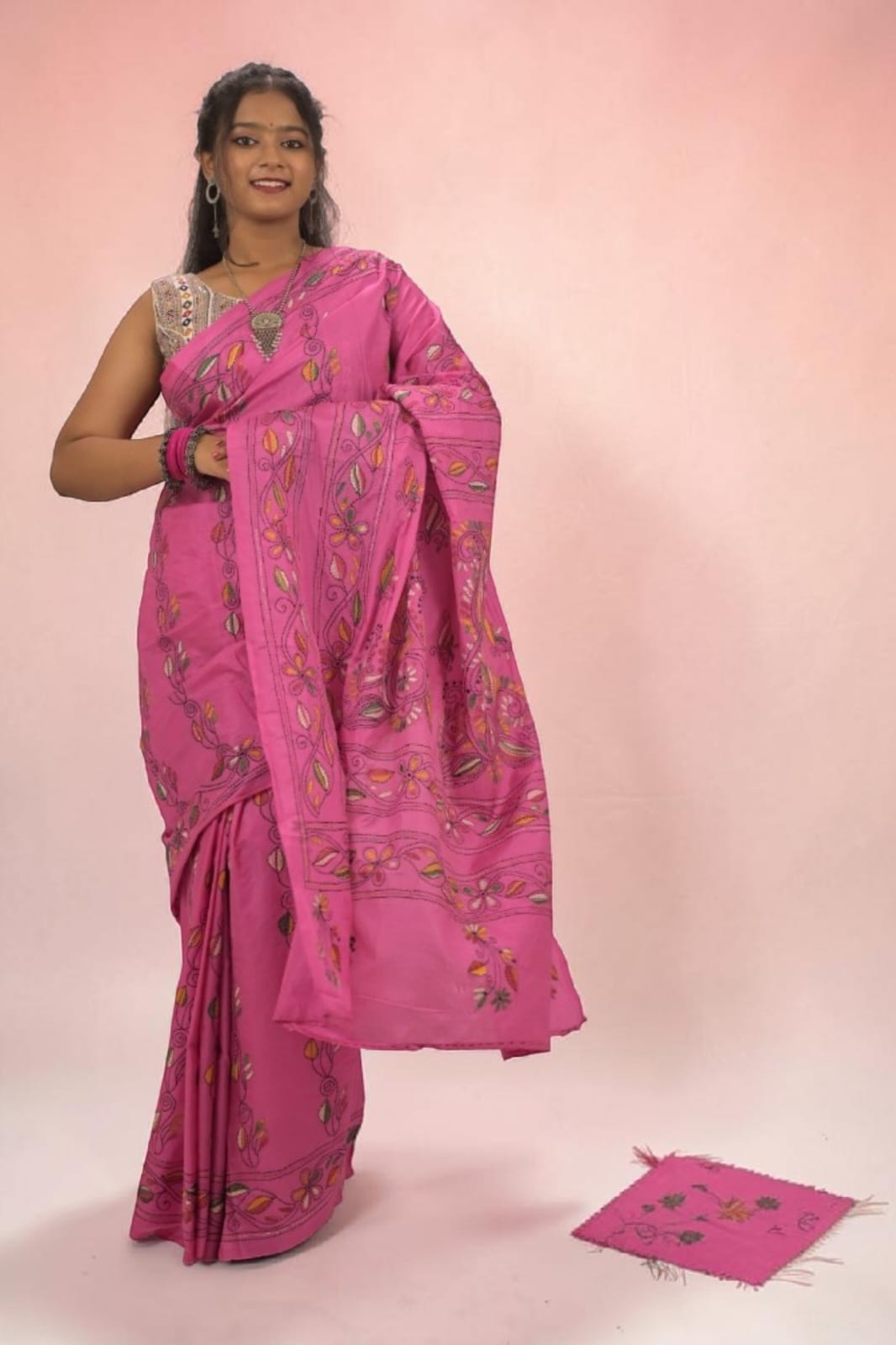 Roshika Bloom Katha Stitch Bangalore Silk Saree - Handcrafted Indian Art (View 6) | Art Angan