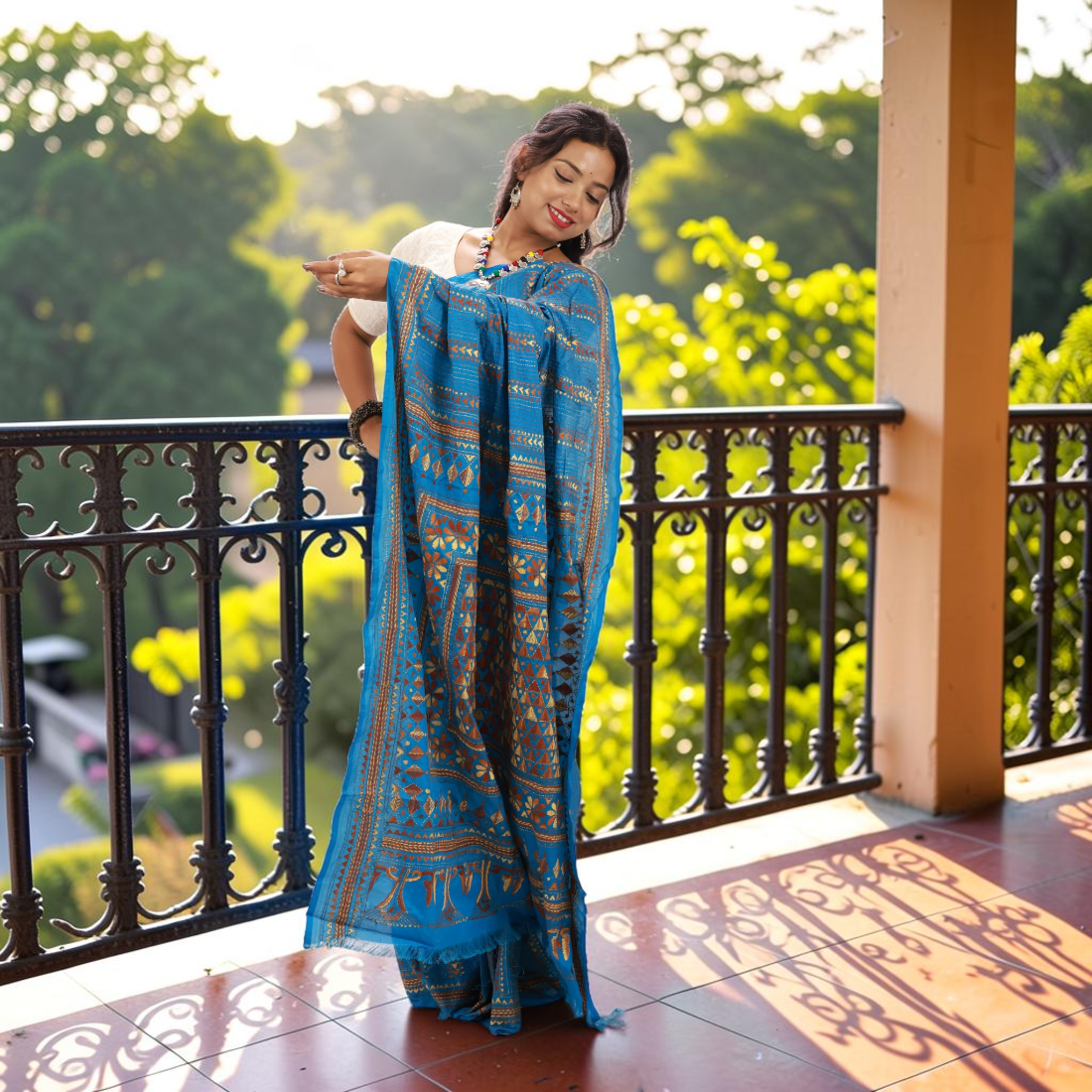 Aakanshi Celeste Kantha Art Silk Saree - Handcrafted Indian Art (View 4) | Art Angan