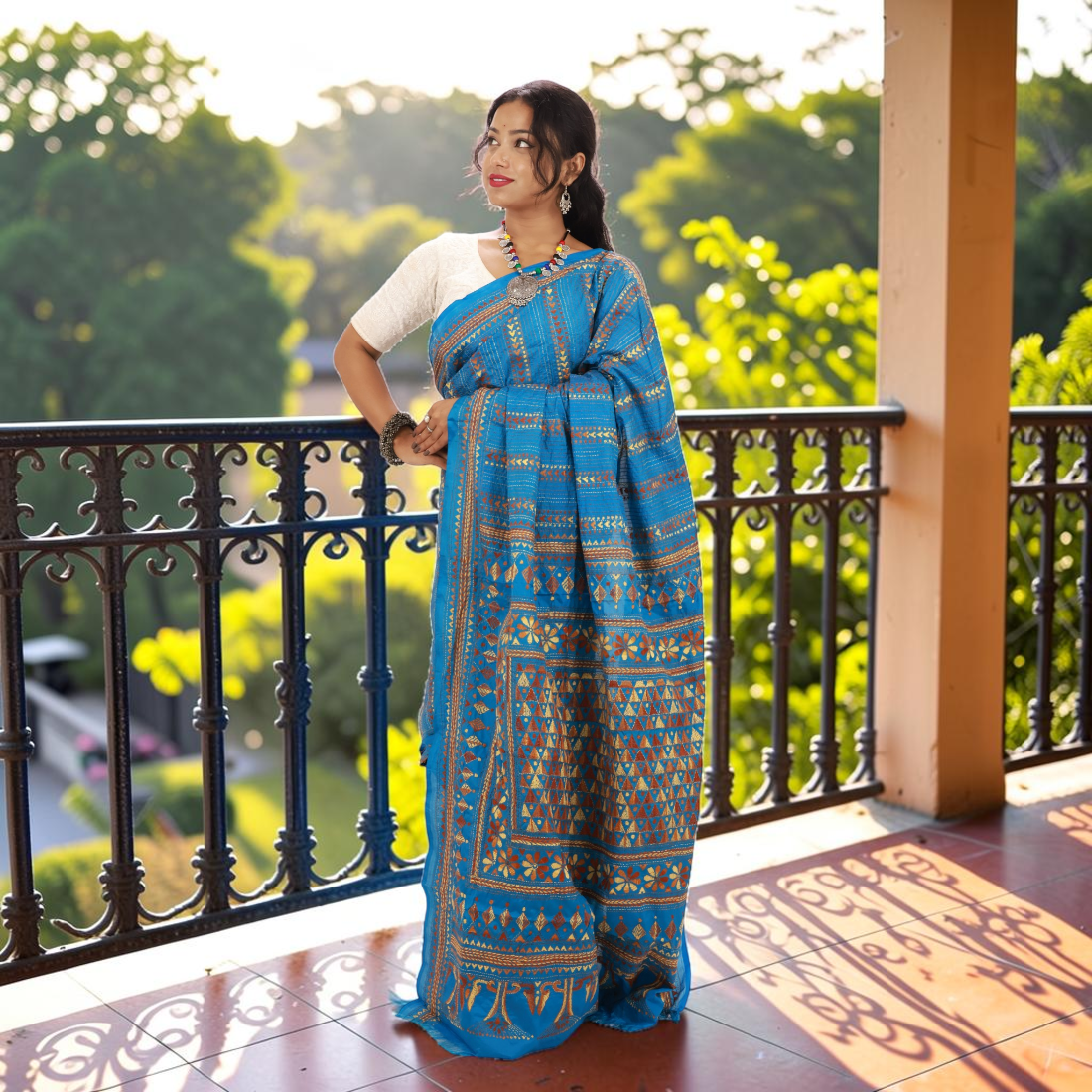 Aakanshi Celeste Kantha Art Silk Saree - Handcrafted Indian Art (View 5) | Art Angan
