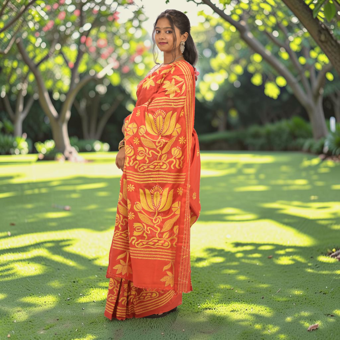 Rudrima Opulence Katha Stitch Bangalore Silk Saree - Handcrafted Indian Art (View 3) | Art Angan
