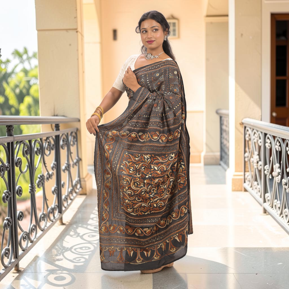 Nishika Noir Kantha Art Silk Saree - Handcrafted Indian Art (View 4) | Art Angan