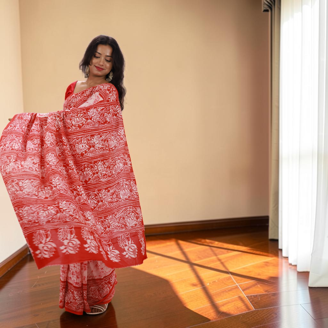Raktika Royale Pure Hand Batik Cotton Saree - Handcrafted Indian Art (View 5) | Art Angan
