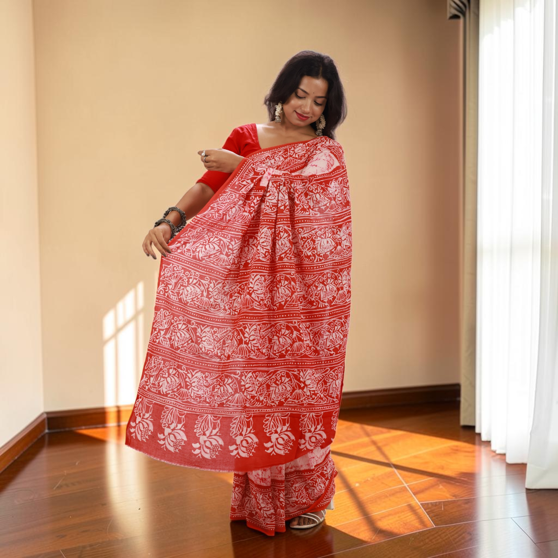 Raktika Royale Pure Hand Batik Cotton Saree - Handcrafted Indian Art (View 3) | Art Angan