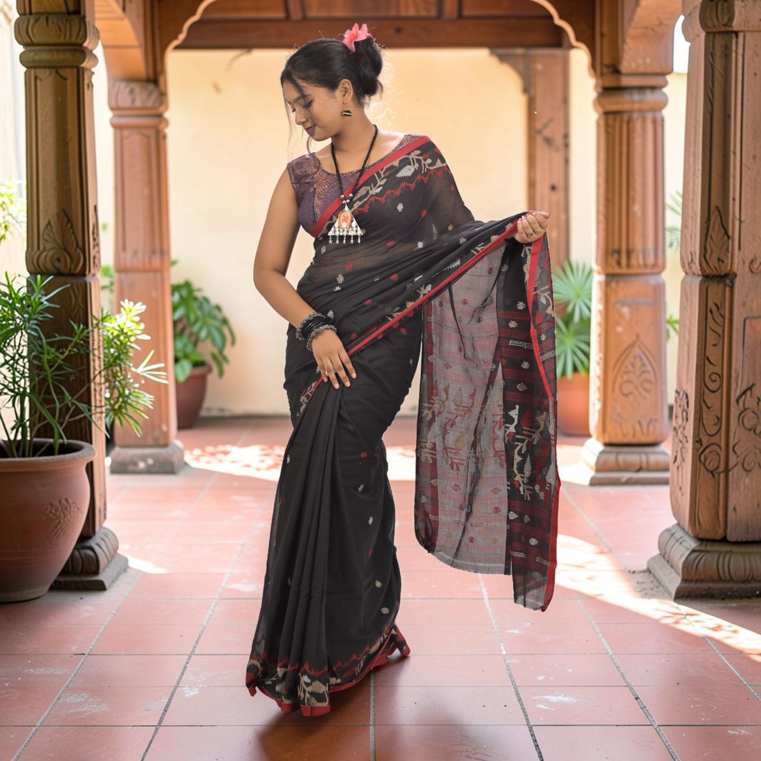 Nishika Noir Soft Jamdani Saree - Handcrafted Indian Art (View 3) | Art Angan