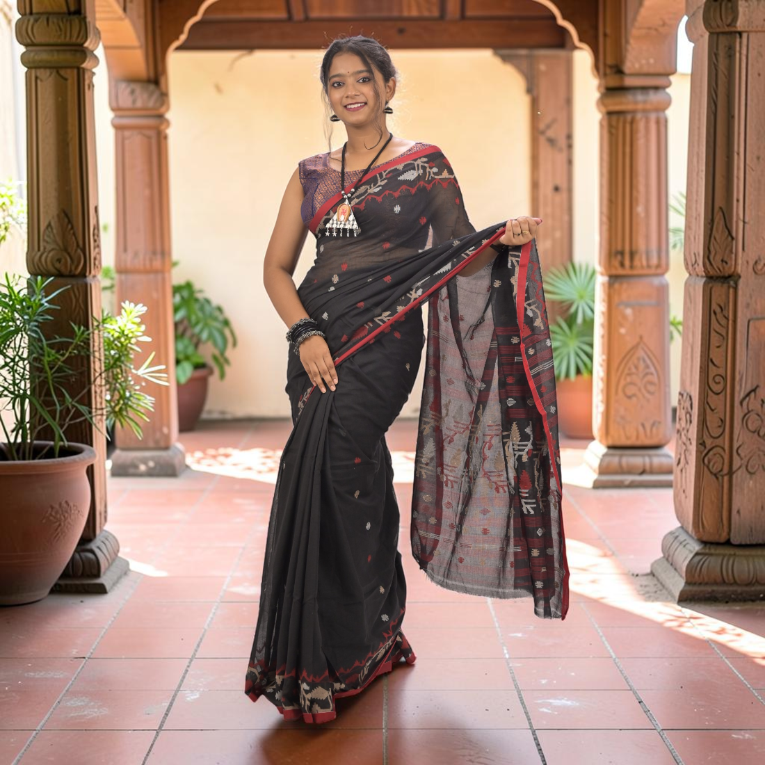 Nishika Noir Soft Jamdani Saree - Handcrafted Indian Art (View 2) | Art Angan