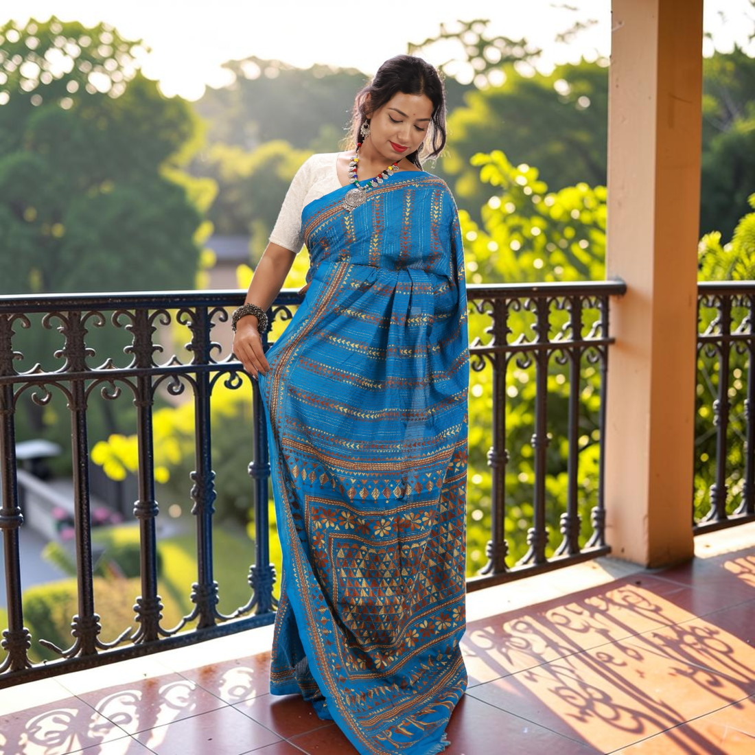 Aakanshi Celeste Kantha Art Silk Saree - Handcrafted Indian Art (View 3) | Art Angan